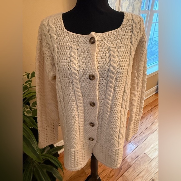 Inis Crafts Sweaters - Inis Crafts 100% Wool Cardigan Sweater Cable Knit Square Neck Ivory Womens Sz M